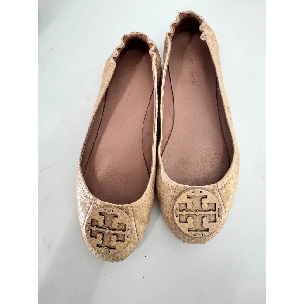 Tory Burch Minnie Travel Ballet Flats Women 6 Beige‎ Snakeskin Embossed Leather